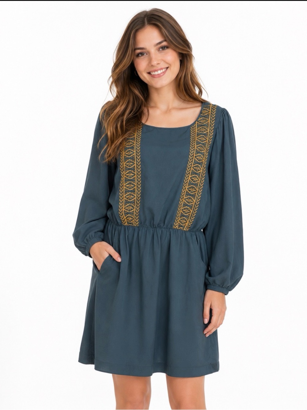 Comme Toi Long Sleeve Blue Embroidered Knee Length Dress Size Large